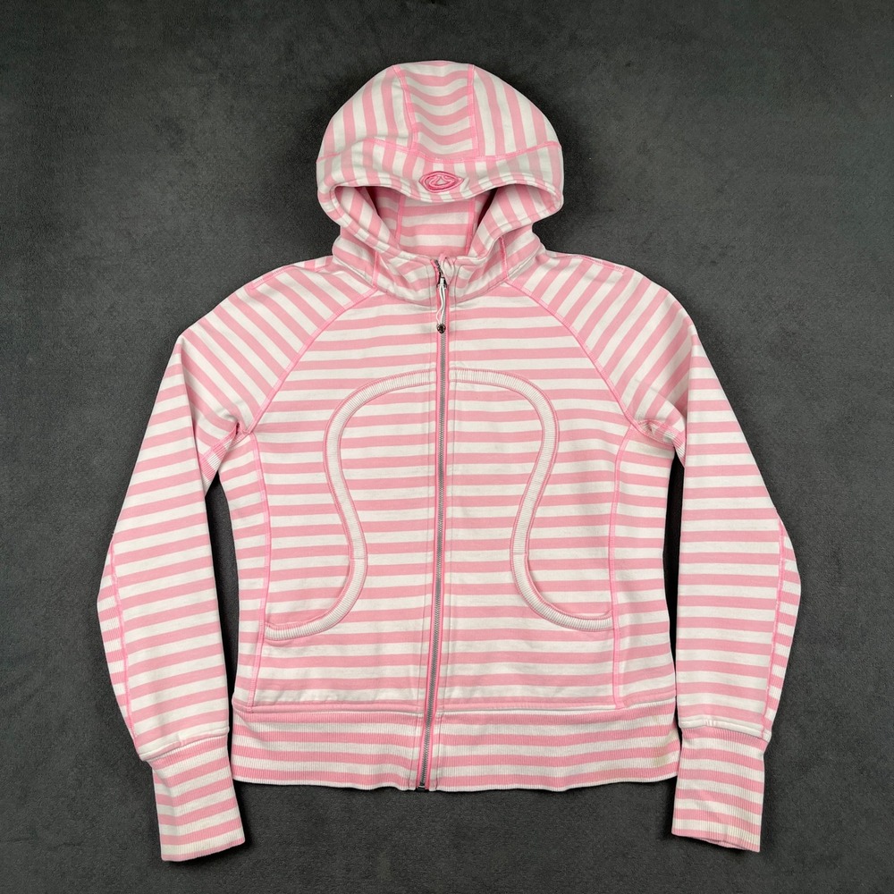 Lululemon Scuba Full Zip Hoodie Womens 12 Pink White Striped Thumbhole Hooded